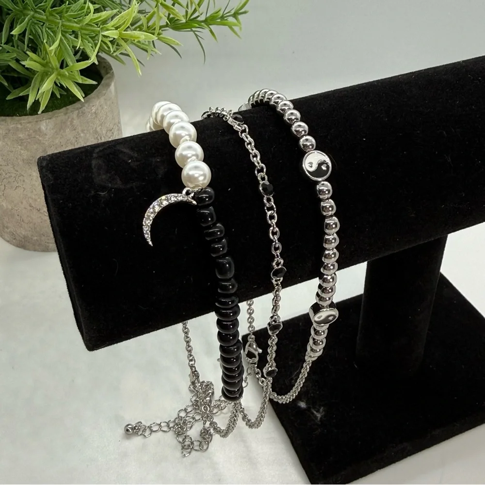 Ivory Ella Anklet Set Silver Tone Yin Yang Pearl Crescent Moon‎ 3 Piece NWT
